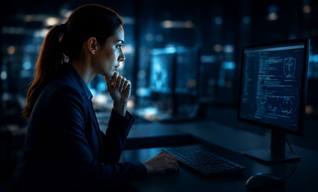 Operations leader reviewing predictive intelligence on a monitor in a dimly lit office.